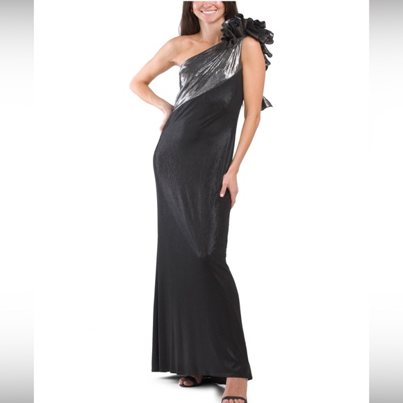Tadashi Shoji Dresses & Skirts - Tadashi Shoji brand new Elegant Black and Silver One-Shoulder Dress